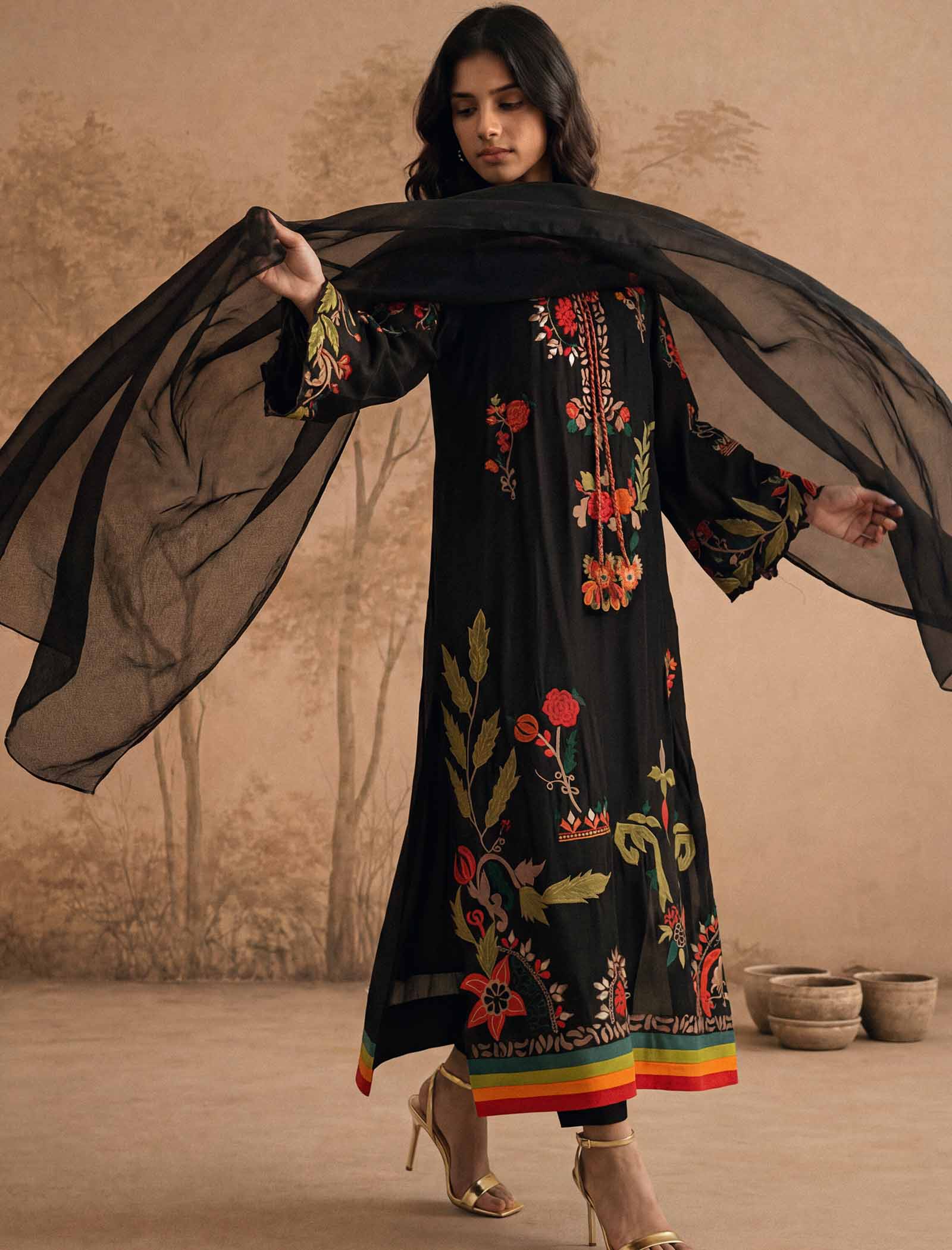 1Pc Hand Embroidered Kaftaan | Black Main image