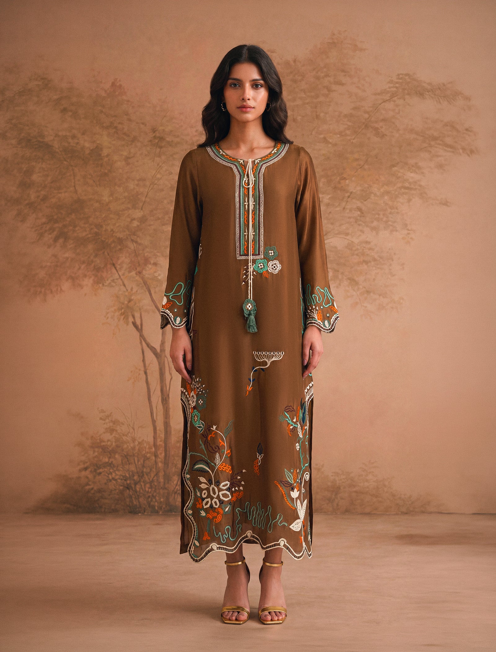 1Pc Hand Embroidered Kaftaan | Brown Secondary image