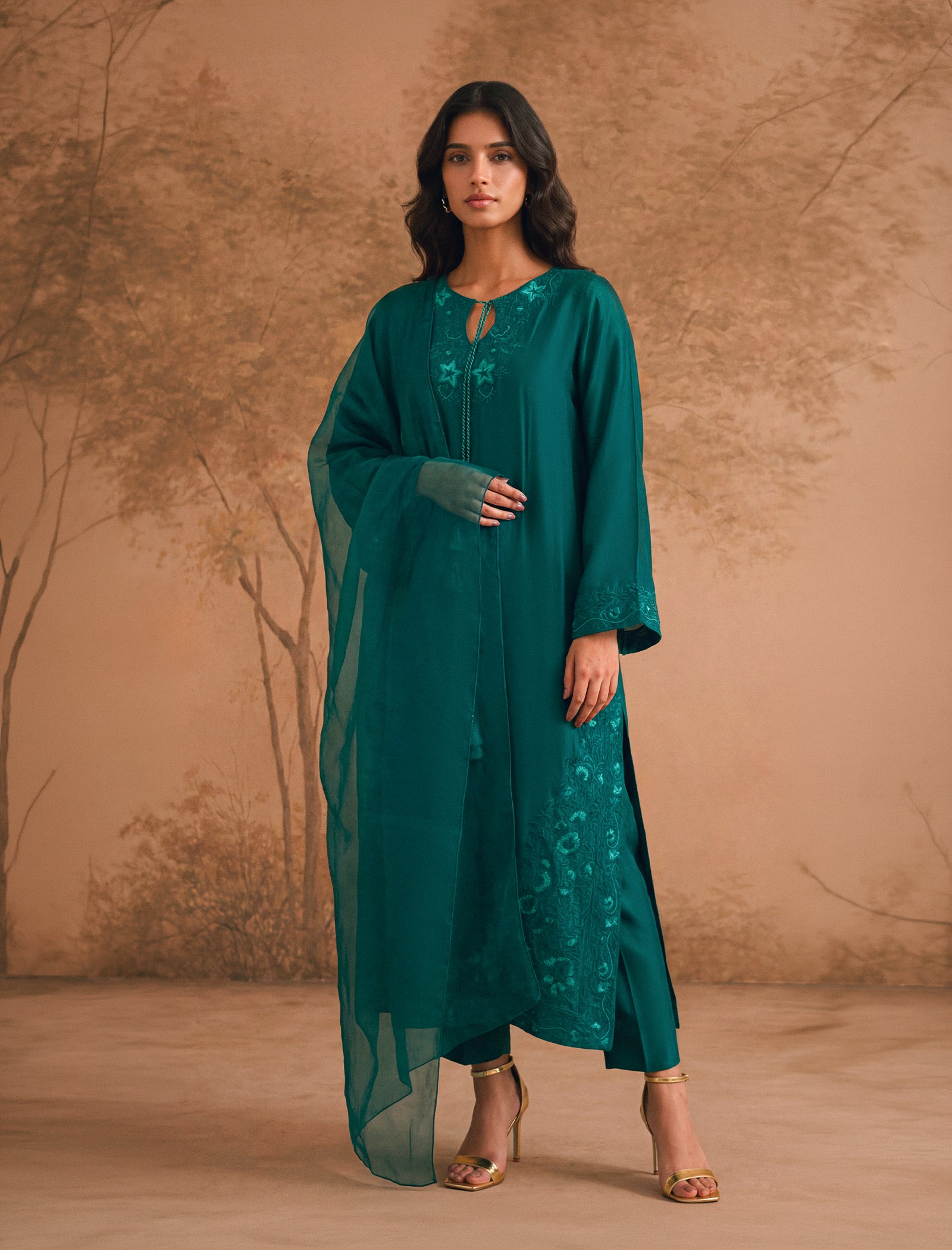 3 Piece Hand Embroidered Kaftaan | Green