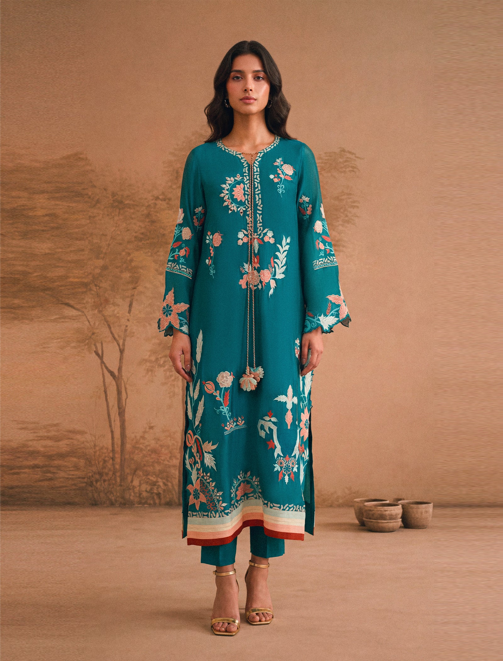 1Pc Hand Embroidered Kaftaan | Teal Secondary image
