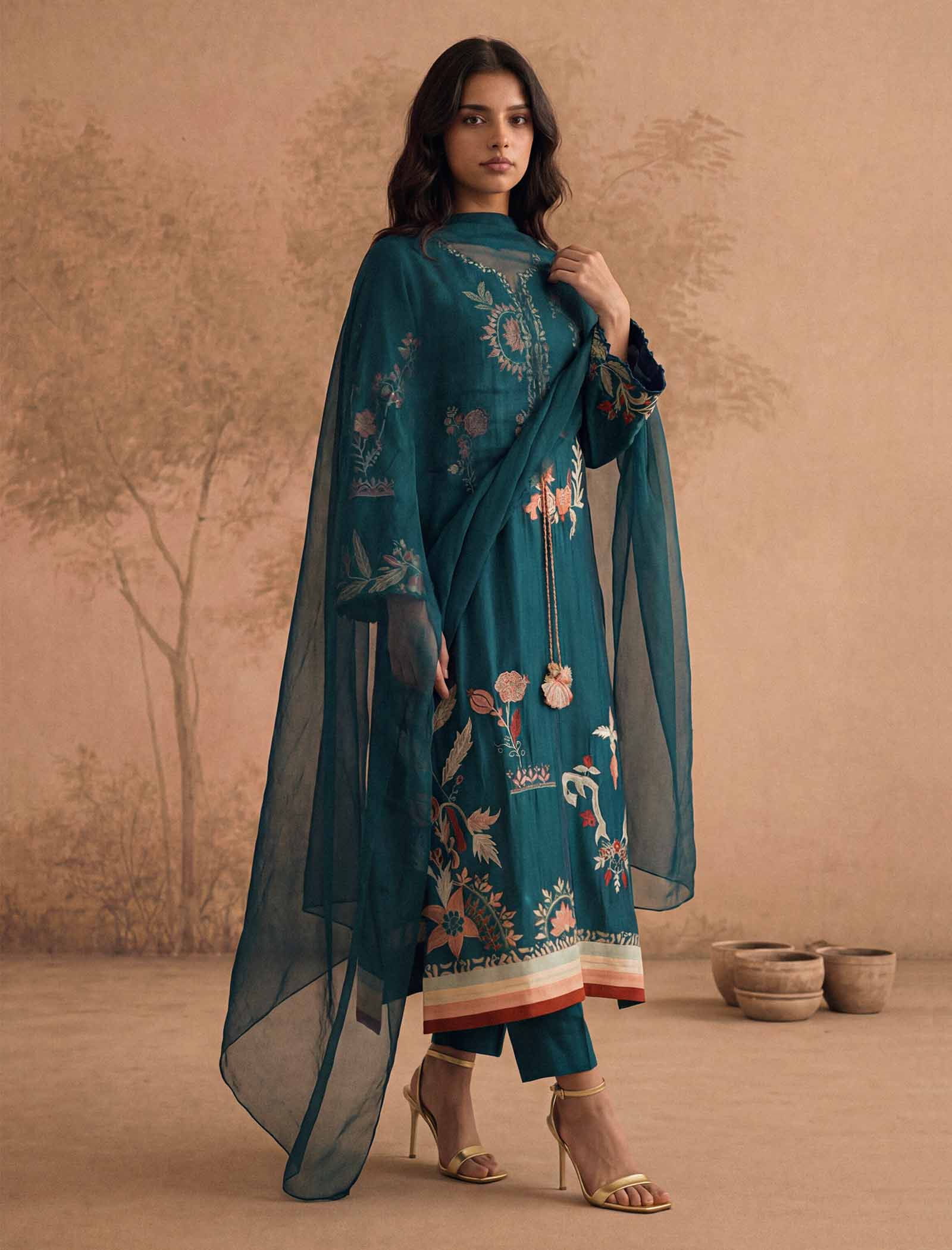 1Pc Hand Embroidered Kaftaan | Teal Main image