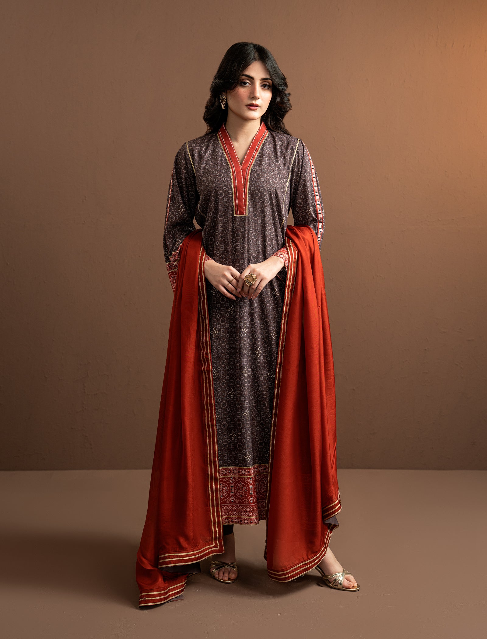 2Pc Printed Kaftaan | Brown Main image