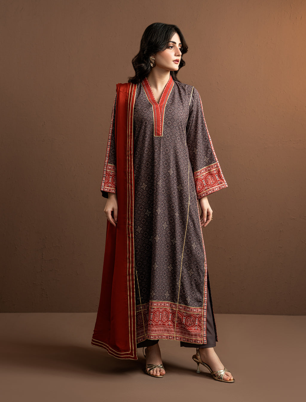 2Pc Printed Kaftaan | Brown