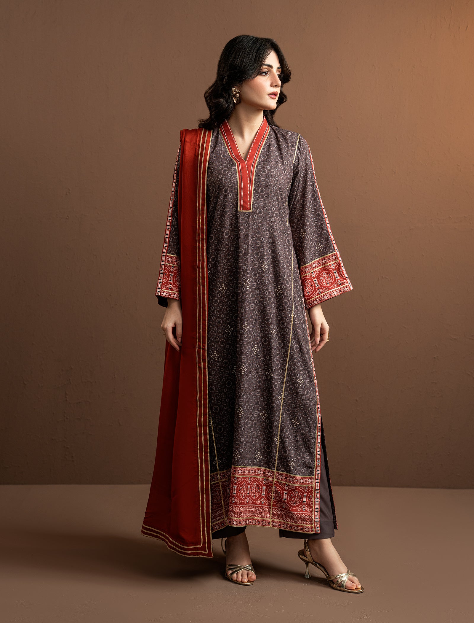 2Pc Printed Kaftaan | Brown