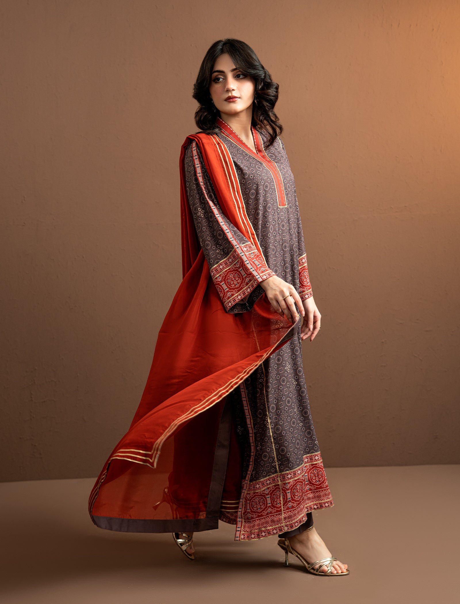 2Pc Printed Kaftaan | Brown