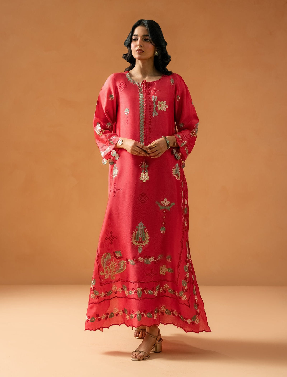 Melon Pink Kaftaan - hand-embroidered butter silk kaftan, front