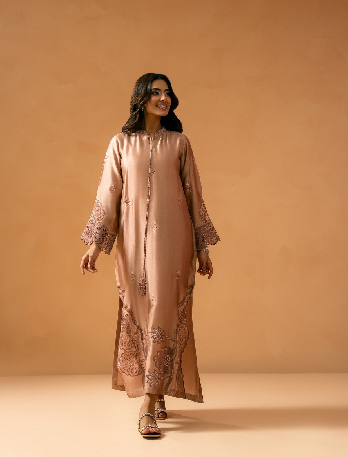 Tea Pink Kaftaan - hand-embroidered sheesha silk kaftan, front Main image
