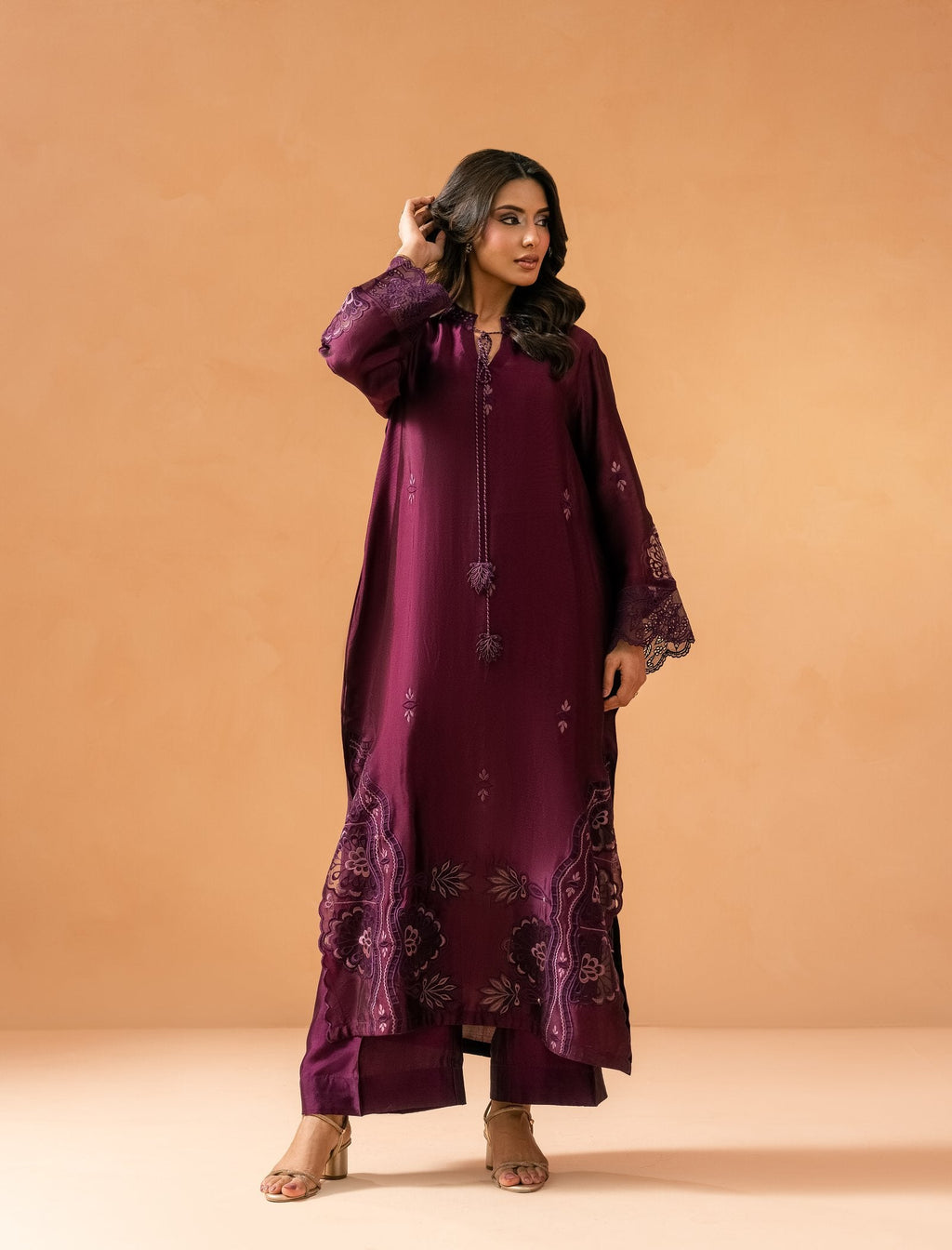 Purple Kaftaan - front view with floral cutwork hem panels