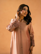 Tea Pink Kaftaan - neckline and cutwork sleeve detail