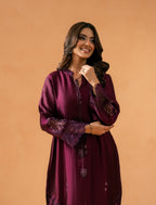 Purple Kaftaan - embroidered cutwork cuffs and tasseled neckline detail