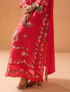 Melon Pink Kaftaan - vine-bordered side slit and scalloped hem detail