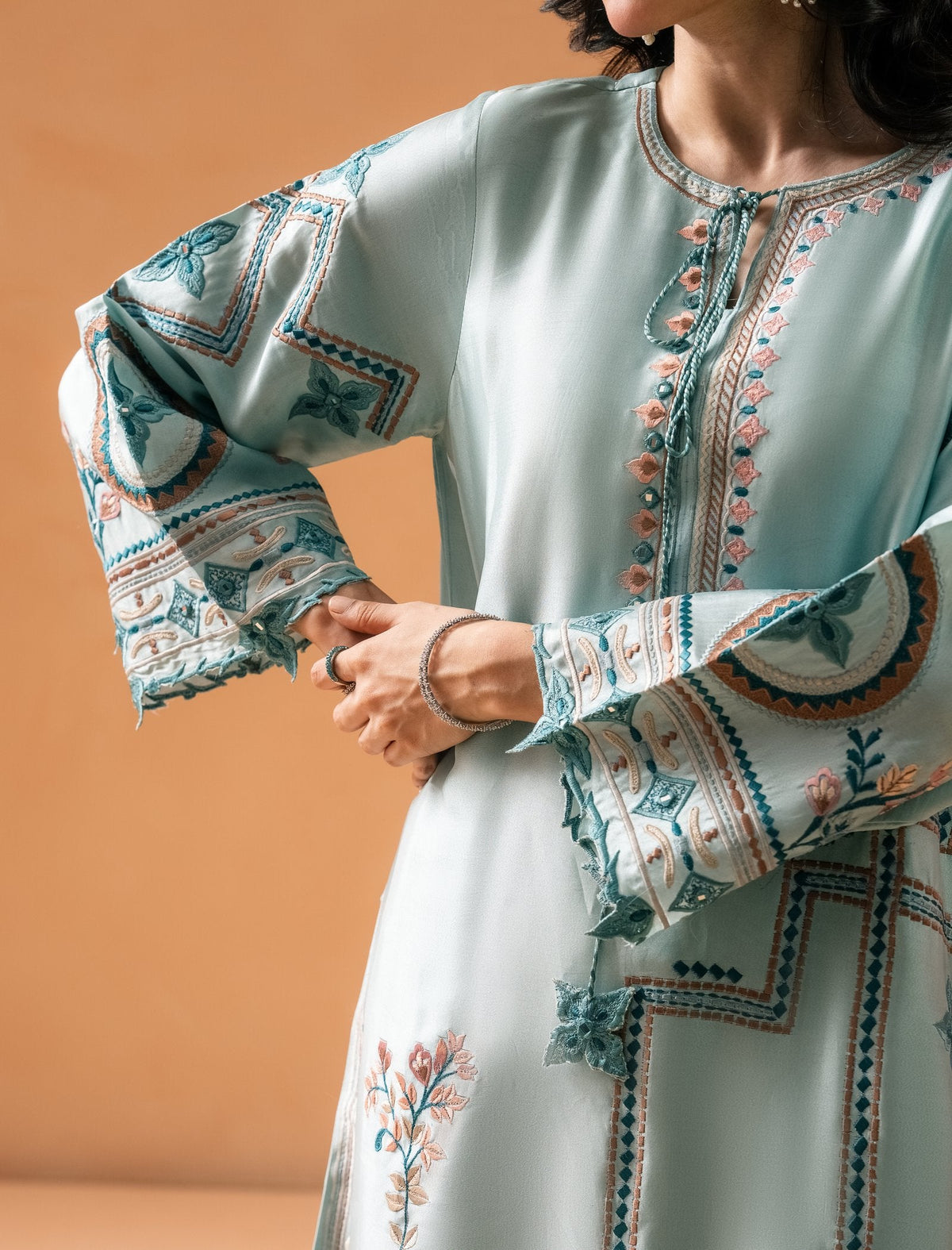 Ice Blue Kaftaan - geometric embroidered placket and cuff close-up