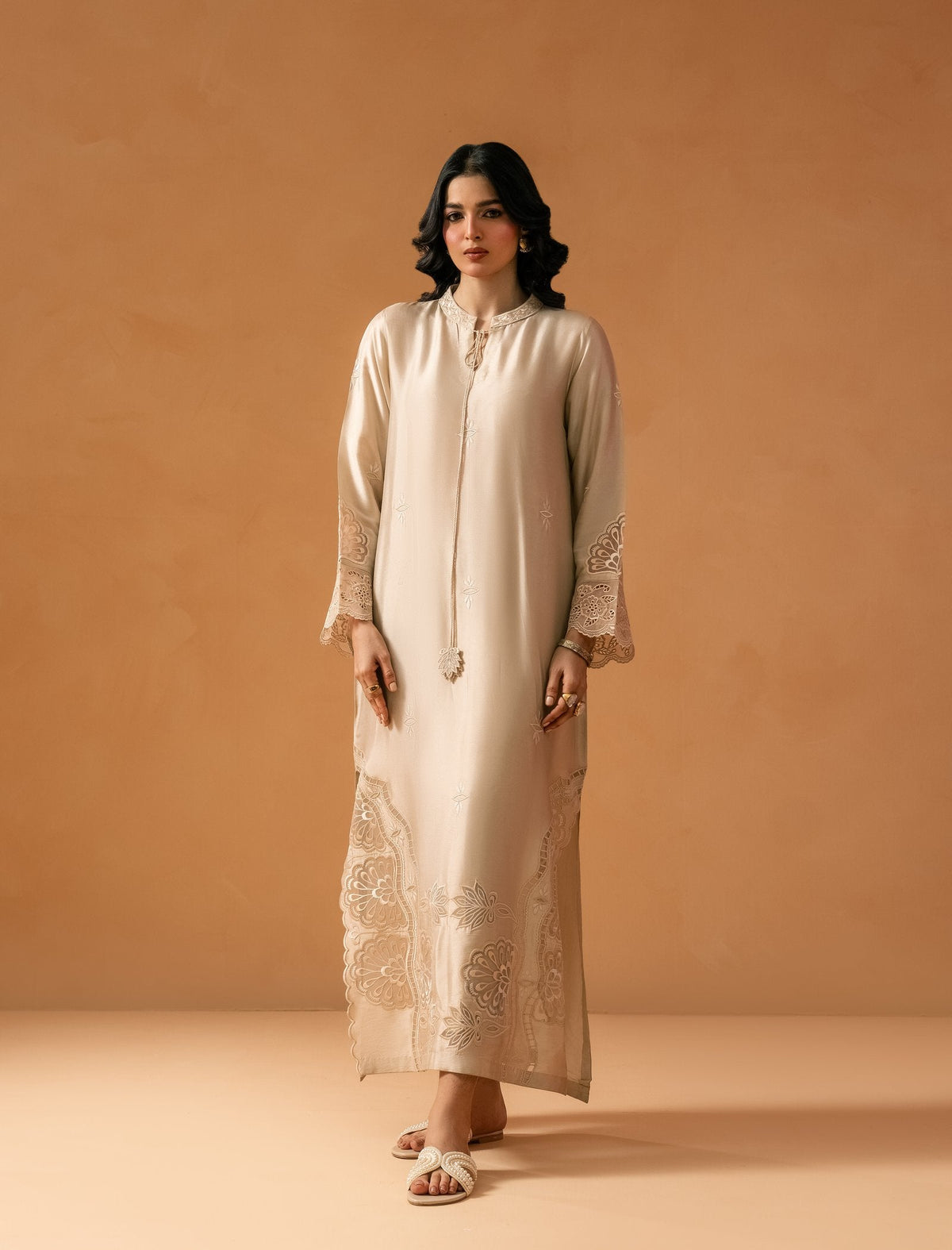 Ivory Kaftaan - hand-embroidered sheesha silk kaftan, front Main image