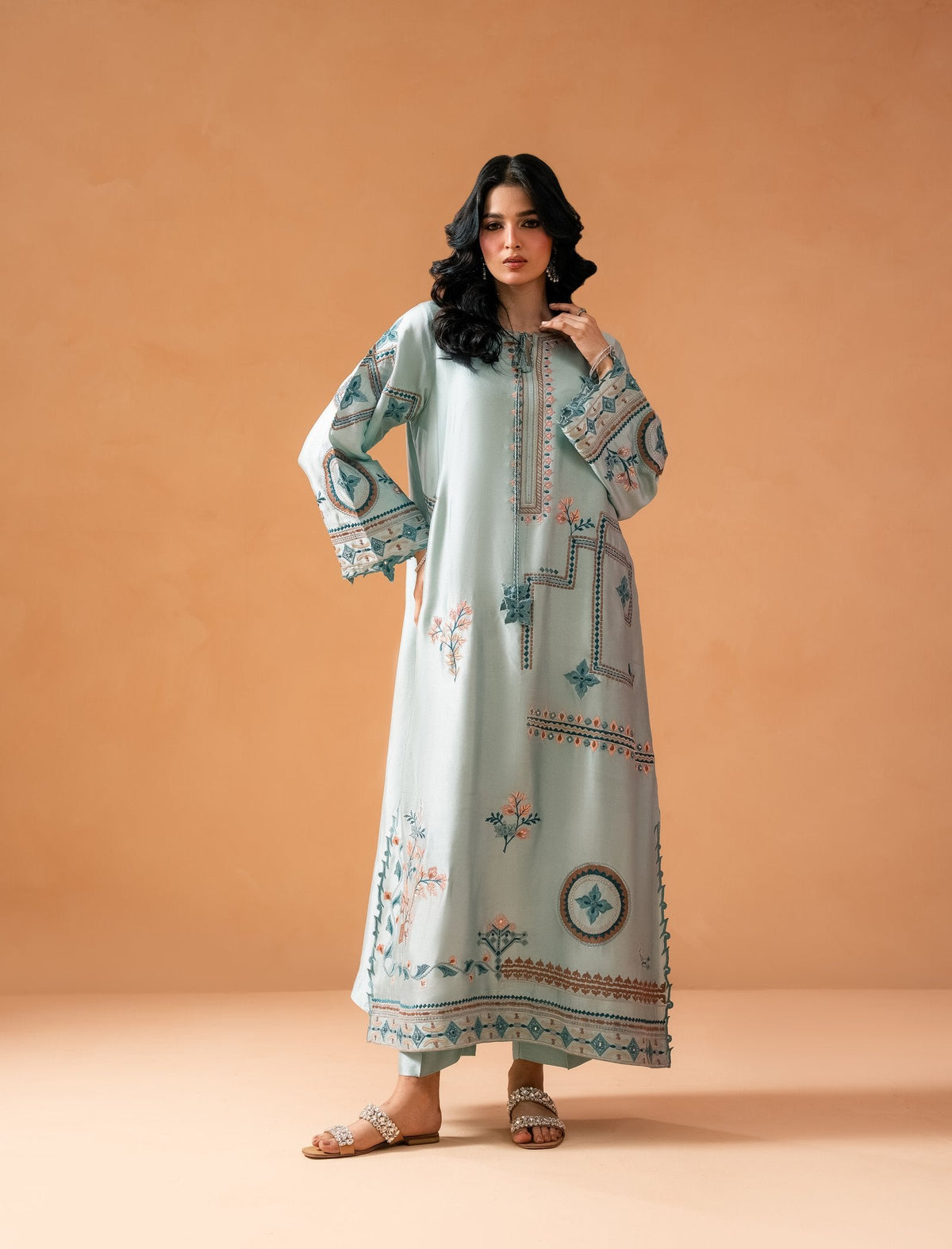 Ice Blue Kaftaan - hand-embroidered butter silk kaftan, front Main image
