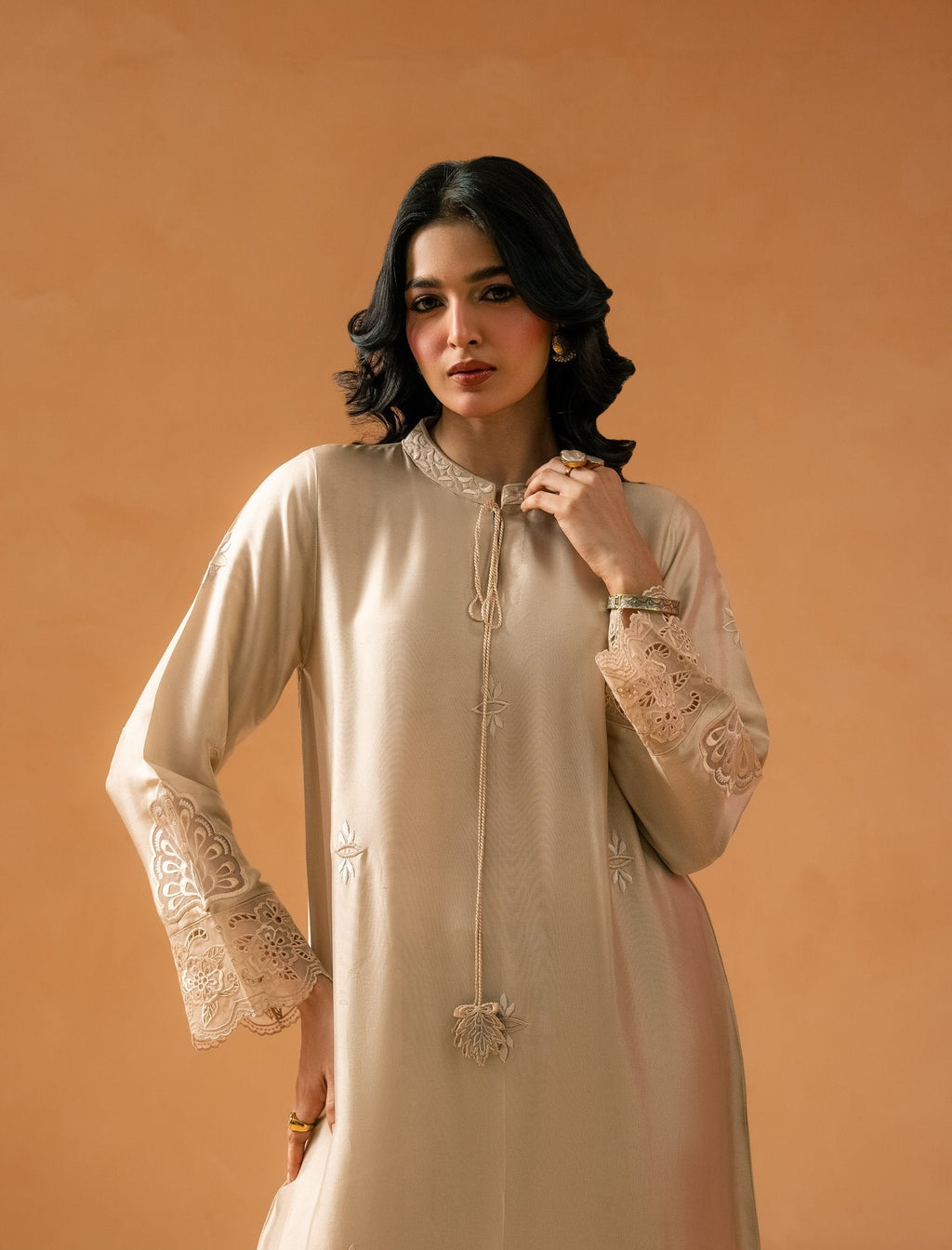 Ivory Kaftaan - tasseled neckline and scalloped cutwork cuffs