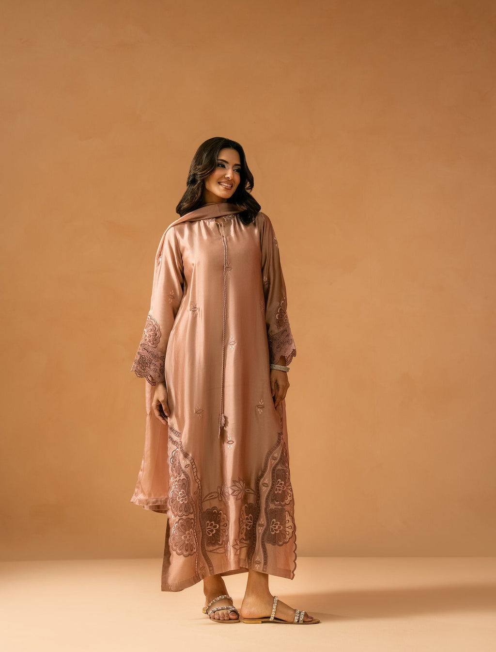 Tea Pink Kaftaan styled with matching dupatta